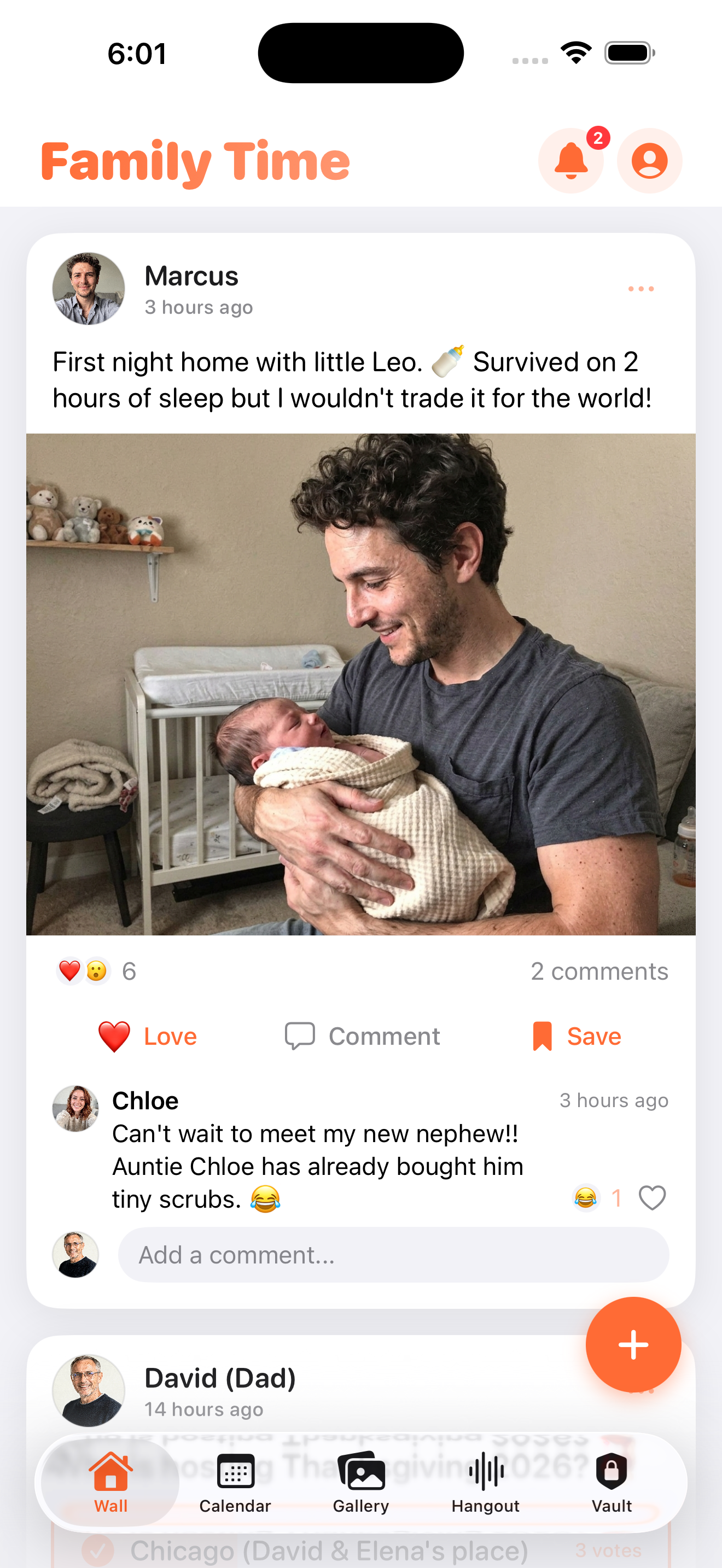 Screenshot of the FamilyTime Wall feed